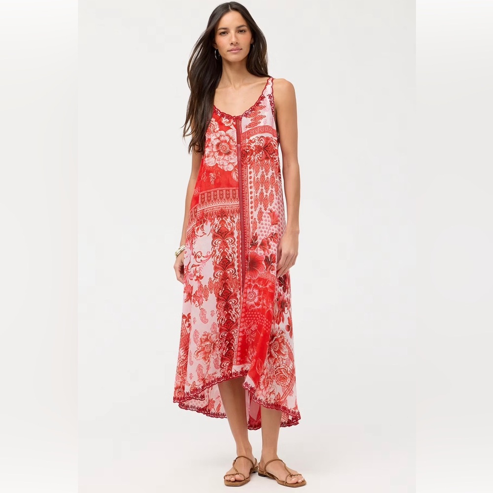 Johnny Was Red & White Floral Boho (Slip) Maxi Silk Dress, S. NWT.